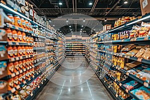 Blurry large grocery store aisles and shelves shopping concept