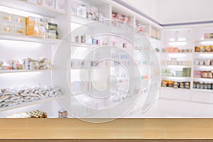 blurry medicine cabinet and store medicine and pharmacy drugstore for background with Perspective wood