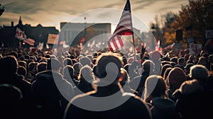 Blurry people out of focus standing at a city political protest, celebration or event waving american United Stated flags