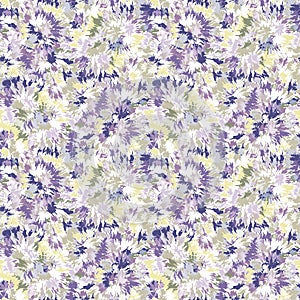 Blurry shibori tie dye naive daisy background. Seamless pattern on bleached resist white. Spring lilac pastel for irregular dip