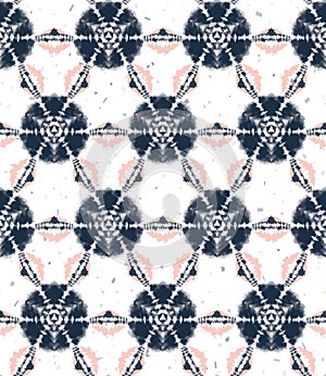 Blurry shibori tie dye sunburst circle background. Seamless pattern indigo coral bleached resist background. Japanese style