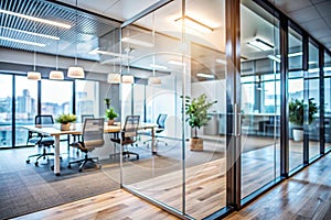 Blurry view of modern office space through glass doors