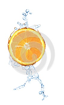 Blurry water splash in a slice of orange isolated