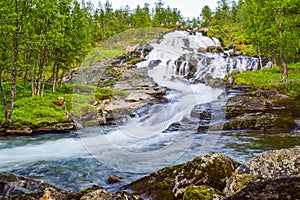 Blurry waterfall is located in Aurlandsfjellet mountains. Norway