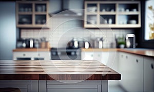 A blurry workplace in the kitchen with an empty wooden countertop in front of, generative AI