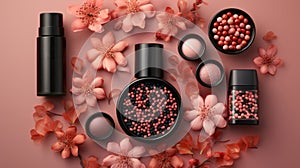 Blush: baked, balls and liquid coral-pink shades on a flowers background. Decorative cosmetics photo