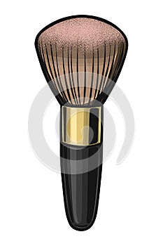 Blush brush. Professional cosmetic black and gold brush with pink powder. Vector illustration