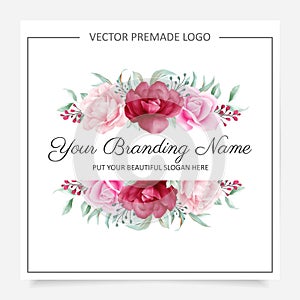 Blush and burgundy flowers logo premade. Editable floral badge for wedding or branding photo