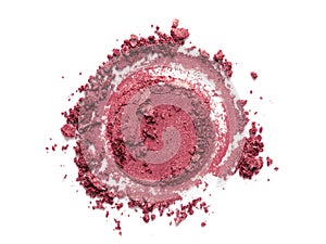 Blush, eye shadow crushed circle round swatch isolated on white background. Pink makeup face powder texture