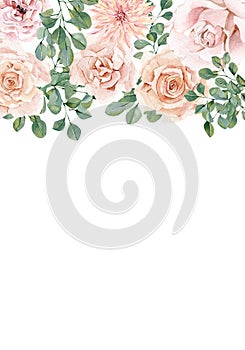 Blush floral wedding banner watercolor with hand drawn boho flower, rose, peony, eucalyptus branches.