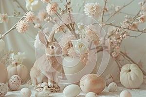 Blush, peach and beige Easter bunny themed still life table setting.