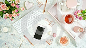 Blush pink cosy hygge style desktop workspace blog header overhead flat lay.