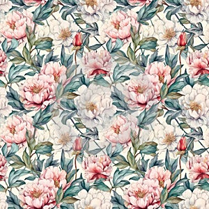 Blush pink peony seamless pattern. Vintage flowers botanical background. Watercolor floral digital paper. Generative AI image