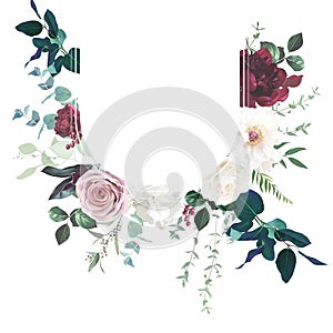 Blush pink rose, burgundy red peony, ranunculus, ivory white magnolia flowers vector design background