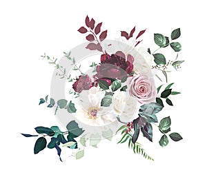 Blush pink rose, burgundy red peony, ranunculus, ivory white magnolia flowers vector design bouquet