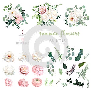 Blush pink rose and sage greenery, ivory peony, hydrangea, ranunculus flowers