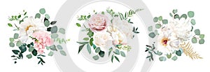 Blush pink rose and sage greenery, ivory peony, hydrangea, ranunculus flowers