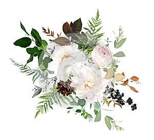 Blush pink rose, white peony, pine cone, beige dahlia flower vector design arrangement.