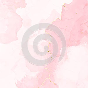 Blush pink watercolor fluid painting vector design card. Dusty rose and golden marble geode frame