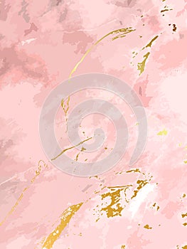 Blush pink watercolor fluid painting vector design card. Gold rose and golden marble geode frame. Soft wedding