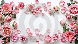 Blushing Blooms: A Close-Up Floral Frame Composition of Pink Roses and Petals on a White Background - Perfect for Web Banners