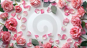 Blushing Blooms: A Close-Up Floral Frame Composition of Pink Roses and Petals on a White Background - Perfect for Web Banners