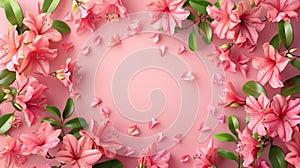Blushing Pink Petals and Green Leaves on a Pink Background photo