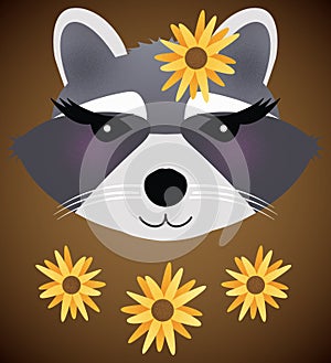 Blushing Raccoon Girl with Sunflowers Isolated on Brown wtith Clipping Path