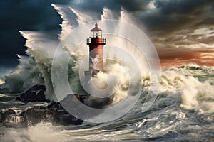 Blustery Lighthouse storm winter. Generate Ai