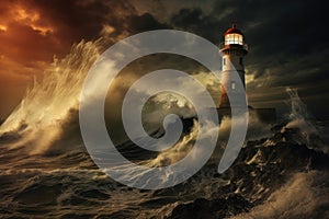 Blustery Sea storm lighthouse. Generate Ai