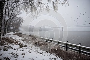 blustery winter day with snowflakes and gusts of wind