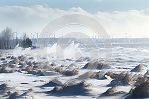 blustery winter day with snowflakes and gusts of wind