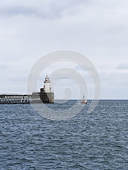 Blyth, Northumberland, UK entrance to port with pier and lighthouse