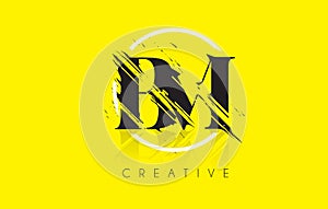 BM Letter Logo with Vintage Grundge Drawing Design. Destroyed Cu photo