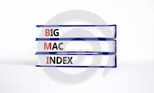 BMI big mac index symbol. Concept words BMI big mac index on books on a beautiful white table white background. Business and BMI