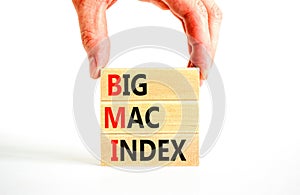 BMI big mac index symbol. Concept words BMI big mac index on wooden blocks on a beautiful white table white background.