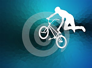 BMX bicyclist silhouette on the blue abstract background