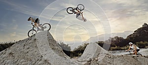 Bmx cyclist, fitness or stunt jump air performance on Australian track or nature park trail in cycling exercise or