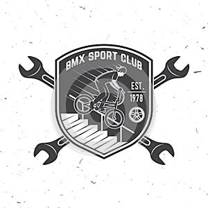 Bmx extreme sport club badge. Vector. Concept for shirt, logo, print, stamp, tee with man ride on a sport bicycle