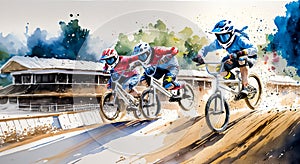 BMX racers in action, splashes of color accentuating motion. A dynamic, artistic representation of speed and competition photo