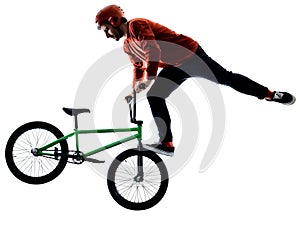 BMX rider cyclist cycling freestyle acrobatic stunt isolated white background