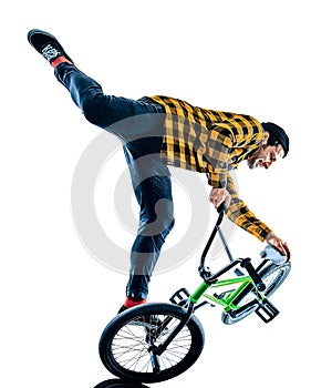 BMX rider cyclist cycling freestyle acrobatic stunt isolated white background