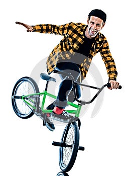 BMX rider cyclist cycling freestyle acrobatic stunt isolated white background