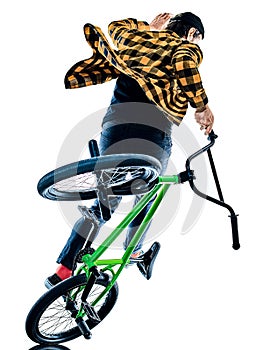 BMX rider cyclist cycling freestyle acrobatic stunt isolated white background