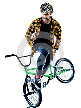 BMX rider cyclist cycling freestyle acrobatic stunt isolated white background