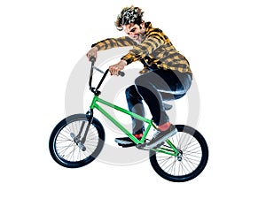 BMX rider cyclist cycling freestyle acrobatic stunt isolated white background