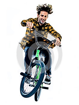 BMX rider cyclist cycling freestyle acrobatic stunt isolated white background