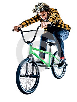 BMX rider cyclist cycling freestyle acrobatic stunt isolated white background