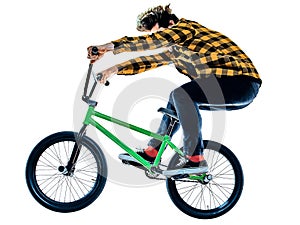 BMX rider cyclist cycling freestyle acrobatic stunt isolated white background