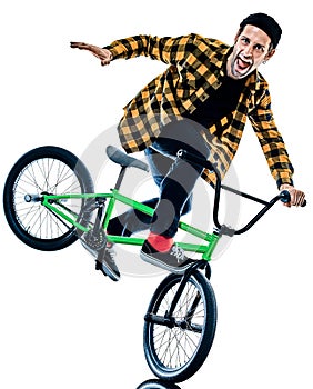 BMX rider cyclist cycling freestyle acrobatic stunt isolated white background